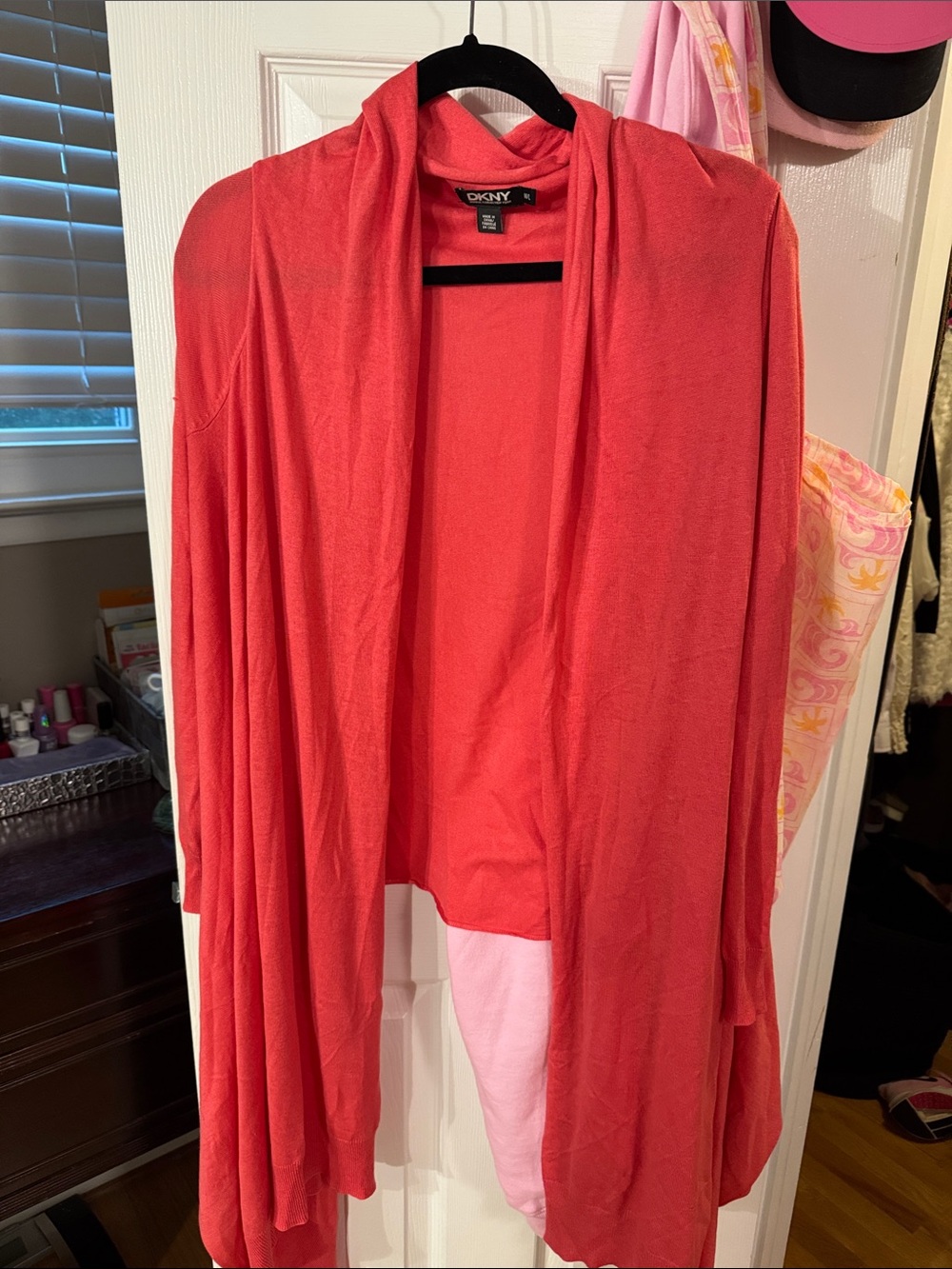NWT DKNY Silk Cashmere Open Front Cardigan Pink (Salmon) High-Low Drape M/L